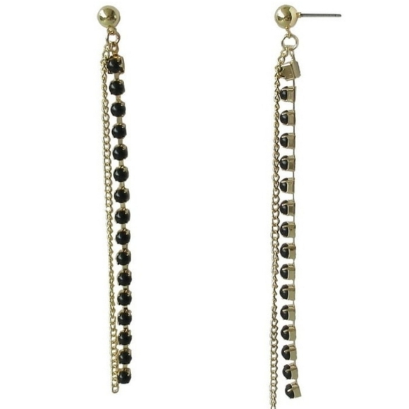 Time and Tru Women's Black Soot Linear Stone with Chain Earrings - Picture 2 of 3